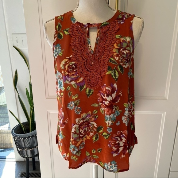 Daniel rainn Burnt Orange Quin Sleeveless Floral Keyhole Top PS - Picture 3 of 12